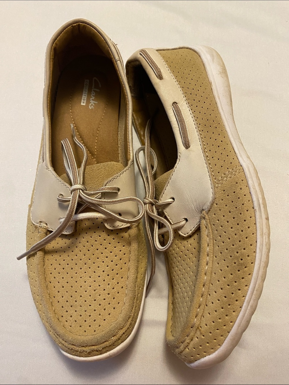 Clarks Women’s Tan Suede Perforated Boat Shoes